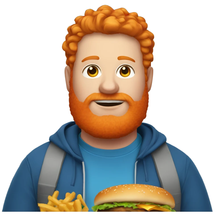 Fat ginger guy in a blue hoodie with orange hair and an orange beard with a cheeseburger emoji