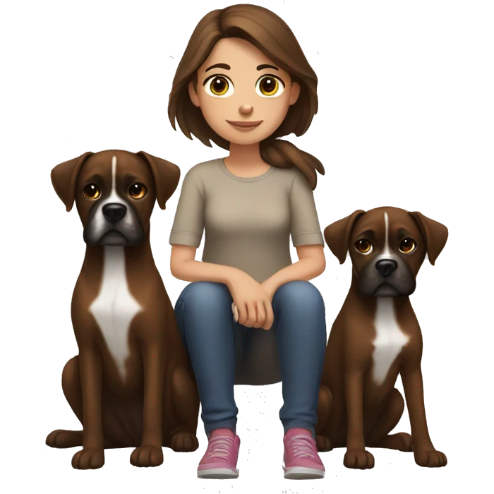 a girl with brown hair, sitting with two dark brown, boxer dogs emoji