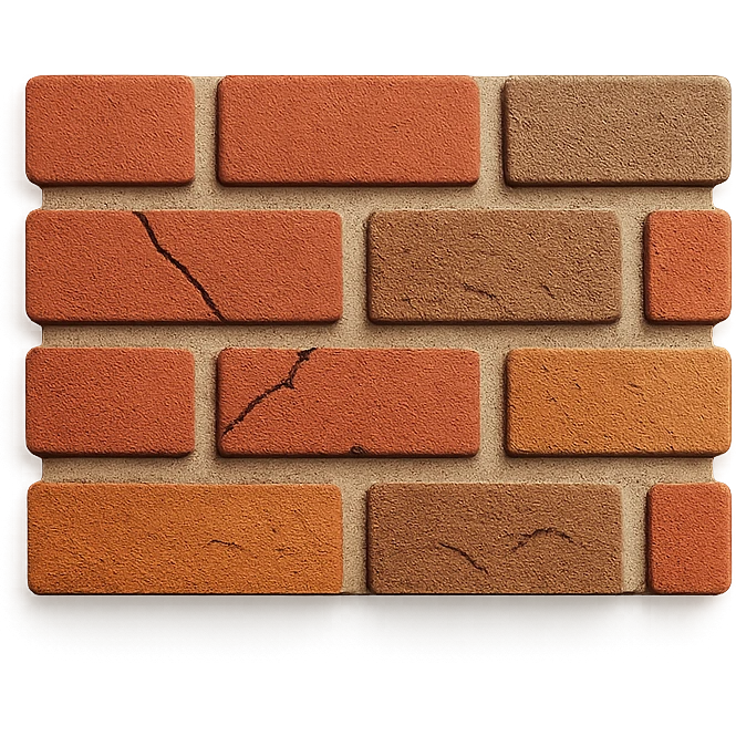 close-up of a brick wall with red and brown bricks, visible mortar, rough texture, natural lighting, slight weathering, cracks in paper craft style emoji