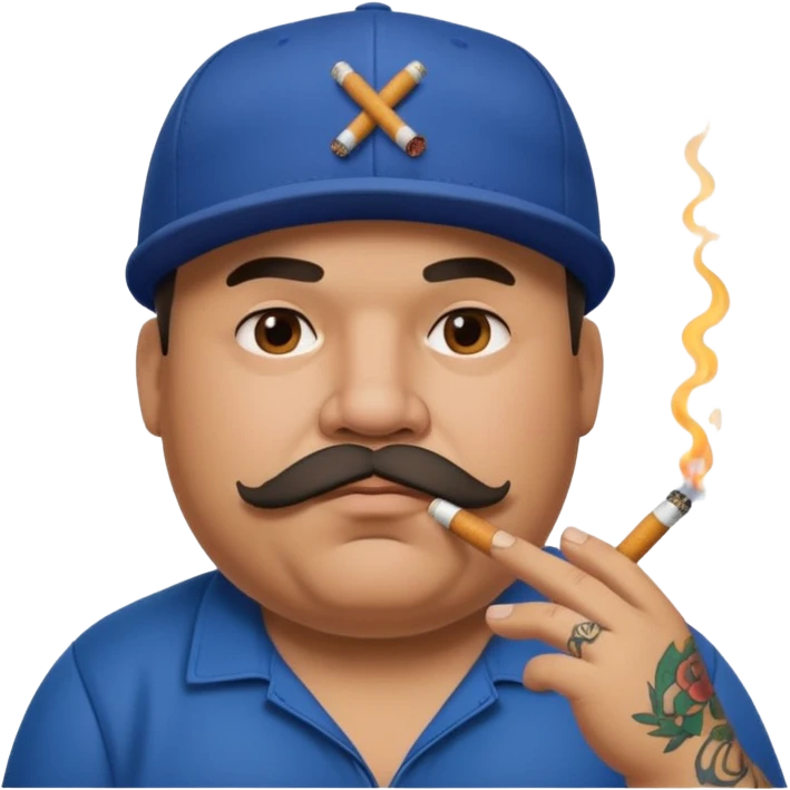 a fat dad in a hip hop cap with a tattoo, a cigarette in his mouth, and a mustache. emoji