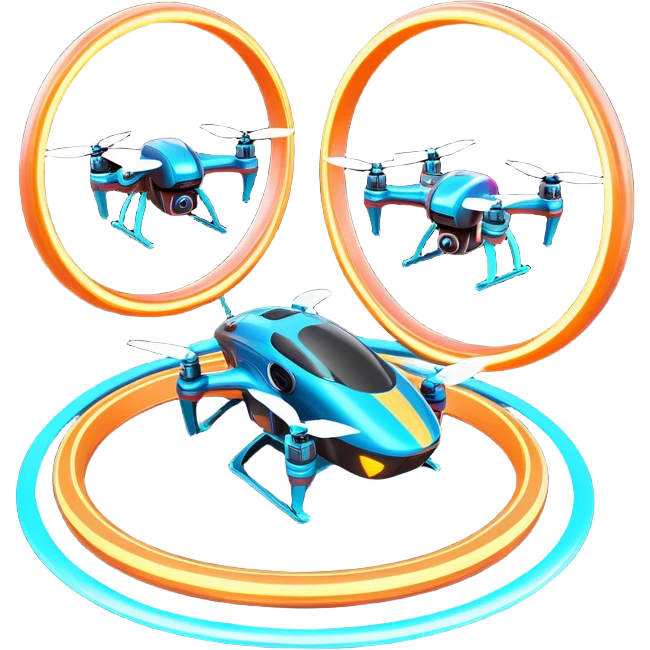 An icon featuring two racing drones flying at high speed through glowing rings on an obstacle course. Motion blur and a dynamic aerial path show intense competition. A controller appears in the corner. Transparent background highlights the thrill and precision of drone racing. emoji