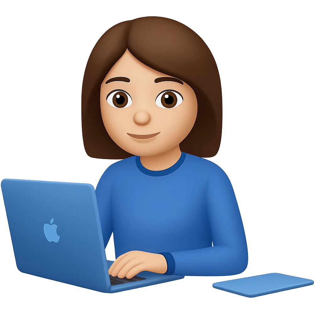 Change hair to brown, right hand forward to the front, keep blue clothes, hand on laptop. The style should resemble emoji style with no background. emoji