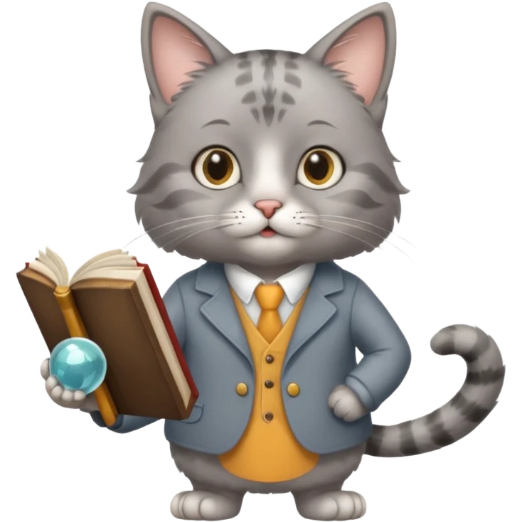 A cat with a mirror on its feet, a book in one hand, a teacher's stick in the other, and hair that looks like Einstein's. emoji
