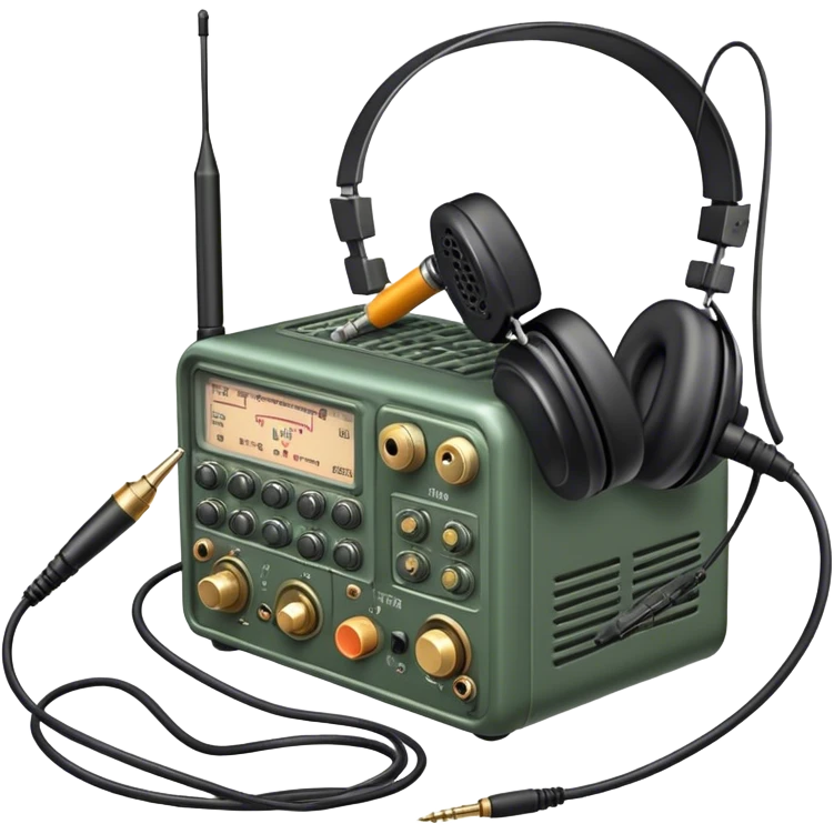 A photorealistic icon featuring a ham radio transceiver, headphones, microphone, antenna, and radio equipment like soldering tools and cables. The design includes detailed textures and realistic lighting, symbolizing the passion for amateur radio and communication. Transparent background. emoji