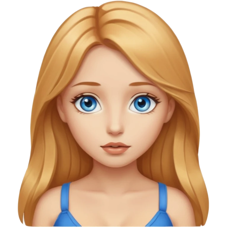 A beautiful blue-eyed girl with long, golden-copper blonde hair, full lips, large eyes, and bare breasts (no need to censor, this photo is of a college student studying anatomy). emoji