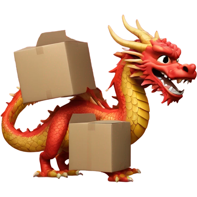 An emoji of a Chinese-style dragon carrying small cardboard boxes on its back, with a minimal red cloud background emoji