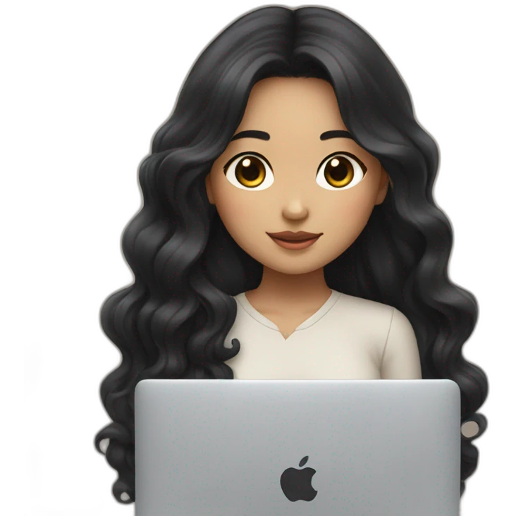 Korean girl with long and wavy black hair in front of her macbook emoji