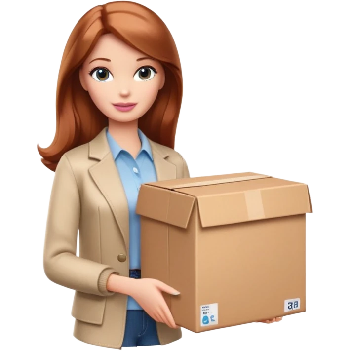Barbie, shoulder-length reddish-brown hair, holds a package box, Barbie is wearing beige and brown colored clothes emoji
