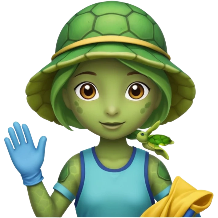 Haz una tortuga bonita, que sea niña, con ropa como si estuviera haciendo voluntariado, que Rea presente la limpieza de playas y el de refugio de animal emoji