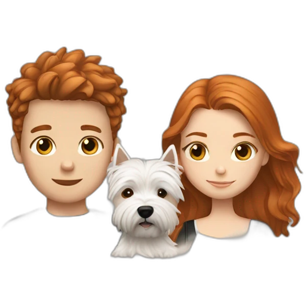 Brown haired boy and ginger haired girl with black westie emoji
