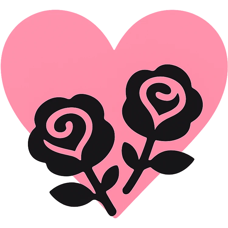 gothic heart with dark roses, color icon filled style, pink and black emoji