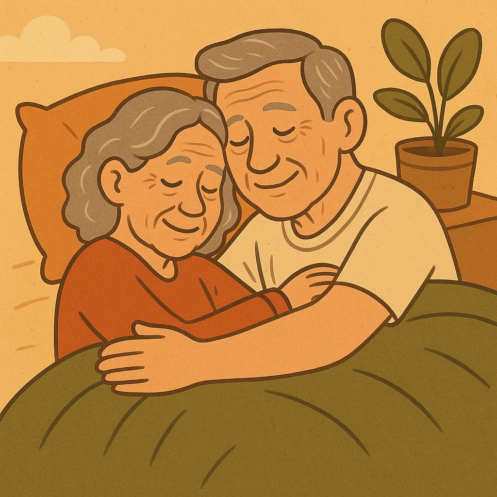 Make the couple look older by adding gray hair and gentle wrinkles, maintaining the warm cartoon style, showing them cuddling in bed with warmth and affection. emoji