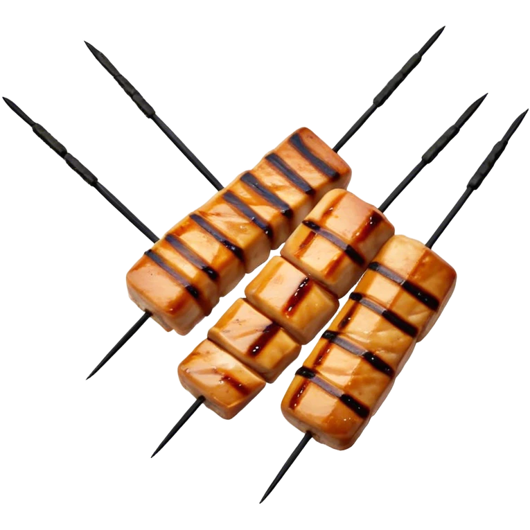 Cinematic Realistic Yakitori Dish Emoji, depicted as skewered, grilled chicken pieces with a charred finish rendered with crisp textures and appetizing, natural lighting. emoji