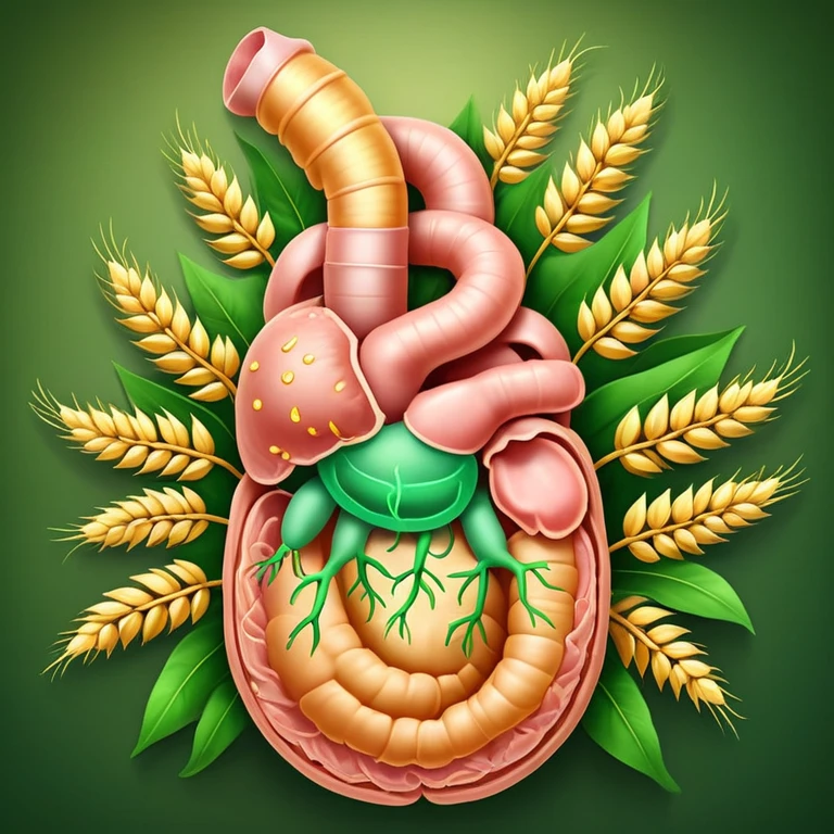 Human digestive system with esophagus, stomach, intestines, and colon highlighted, surrounded by golden wheat ears and green leaves, with glowing healing particles flowing through the digestive tract, creating a purifying effect emoji