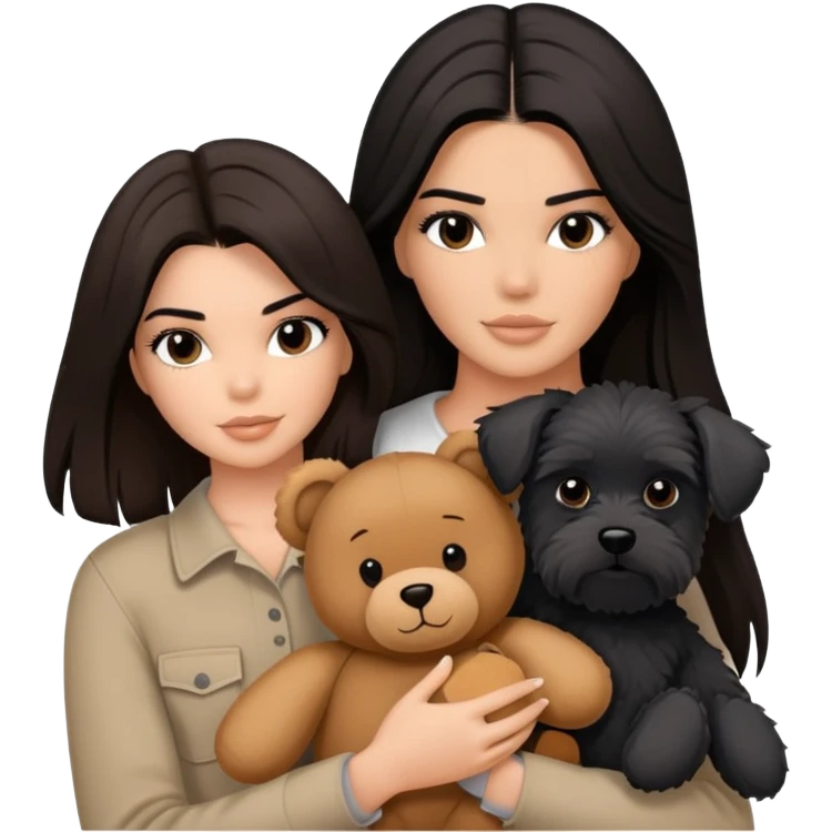 Kendall Jenner with long dark hair, holds a brown teddy bear and a black schnauzer emoji