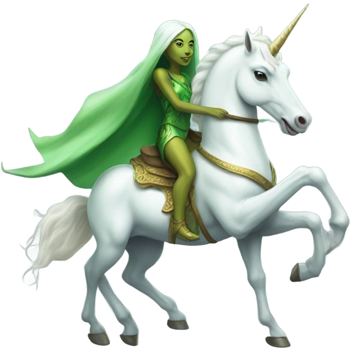 a green amazon alien woman on a white unicorn emoji