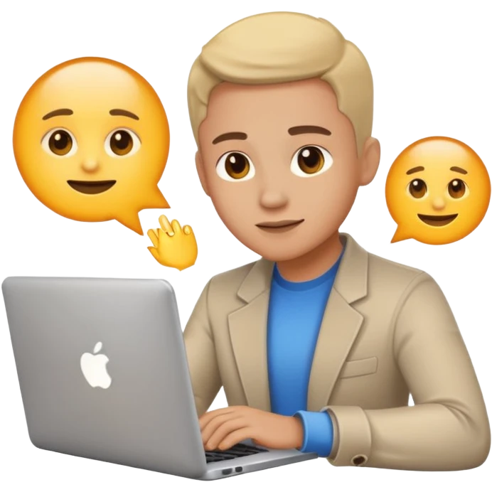 Focused online entrepreneur with laptop and phone, light glow, clean emoji style, simple background emoji