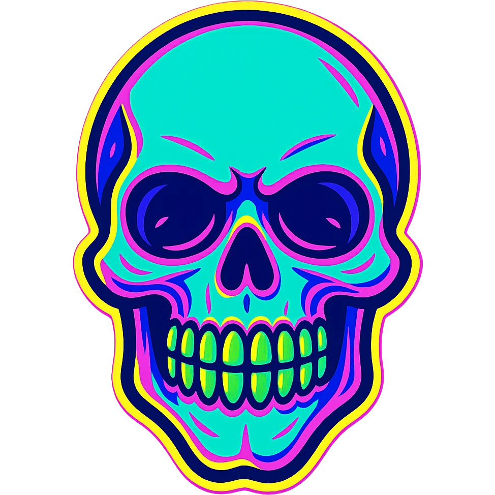 Edit the blown skull with a neon color palette in a cartoonish sticker style. Keep the background transparent. Note: The original cartoonish sticker style does not support editing, so using the general style while preserving the cartoonish sticker look. emoji