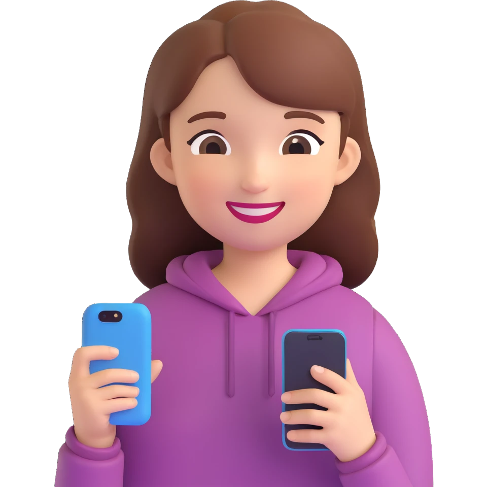 a girl holding a smartphone, smiling emoji