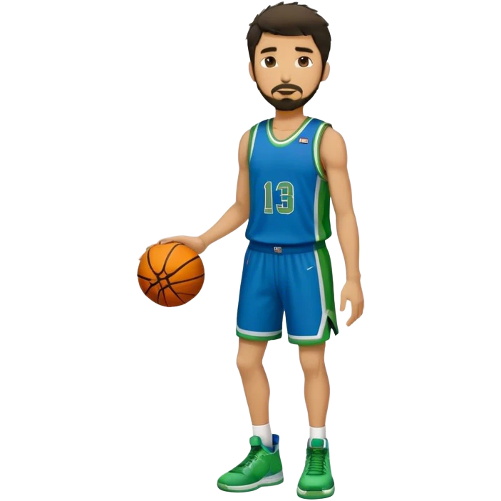 Full Body  white male basketball player with short dark shaggy hair and goatee wearing blue and green uniform emoji
