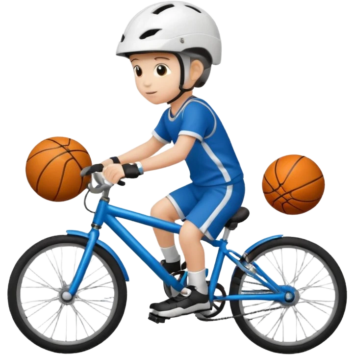 A child on a bicycle, with a soccer ball and a basketball nearby emoji