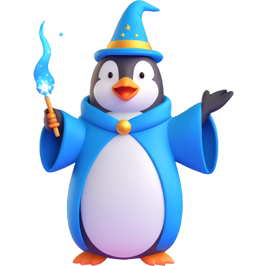 penguin wizard casting a spell, sparkles, blue robe, whimsical emoji