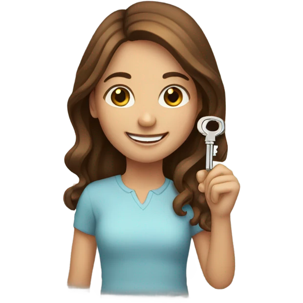 smiling girl with brown hair holding a house key emoji
