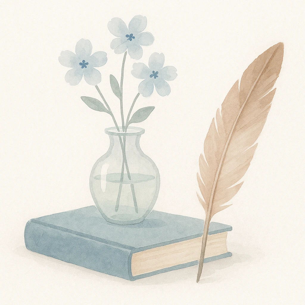 still life of a vintage blue book, pale blue flowers in a transparent vase, and a feather quill pen, arranged artistically together emoji