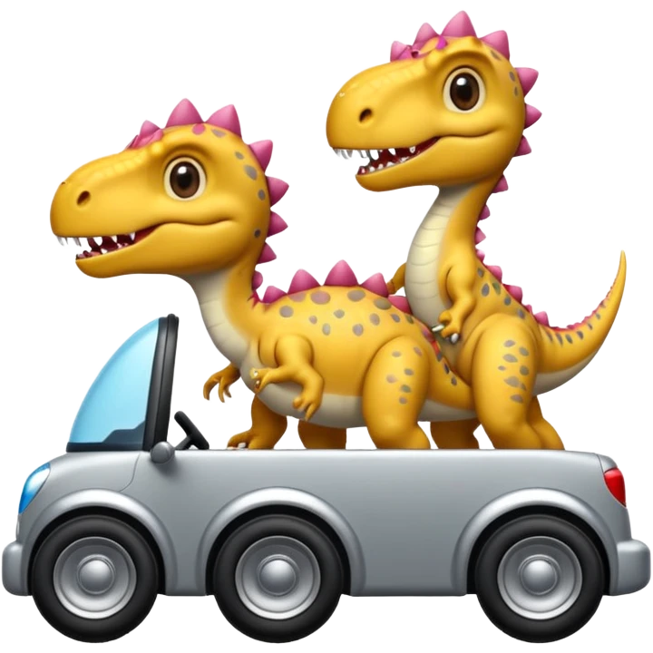 Tres dinosaurios bebés grises cada uno subido en un carro tecnológico blanco con lentes de realidad virtual emoji
