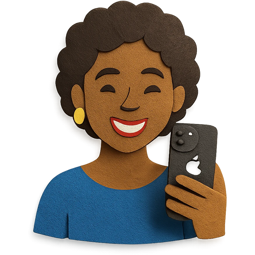 Afro-Caribbean woman smiling, holding iPhone, recording emoji
