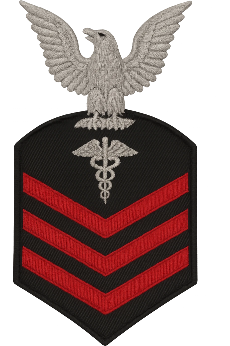 U.S. Navy Chief Petty Officer (E-7) sleeve insignia, realistic style, silver eagle perched above a rocker and three red chevrons with a specialty mark in between, no background, transparent emoji