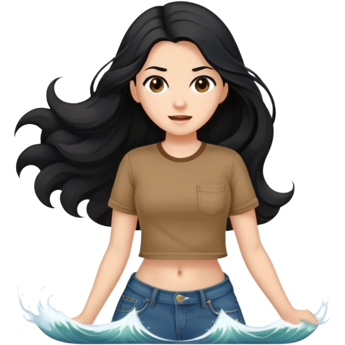 Fair skin girl - long black hair, big waves - wearing a brown navel-baring short-sleeved shirt - jeans emoji