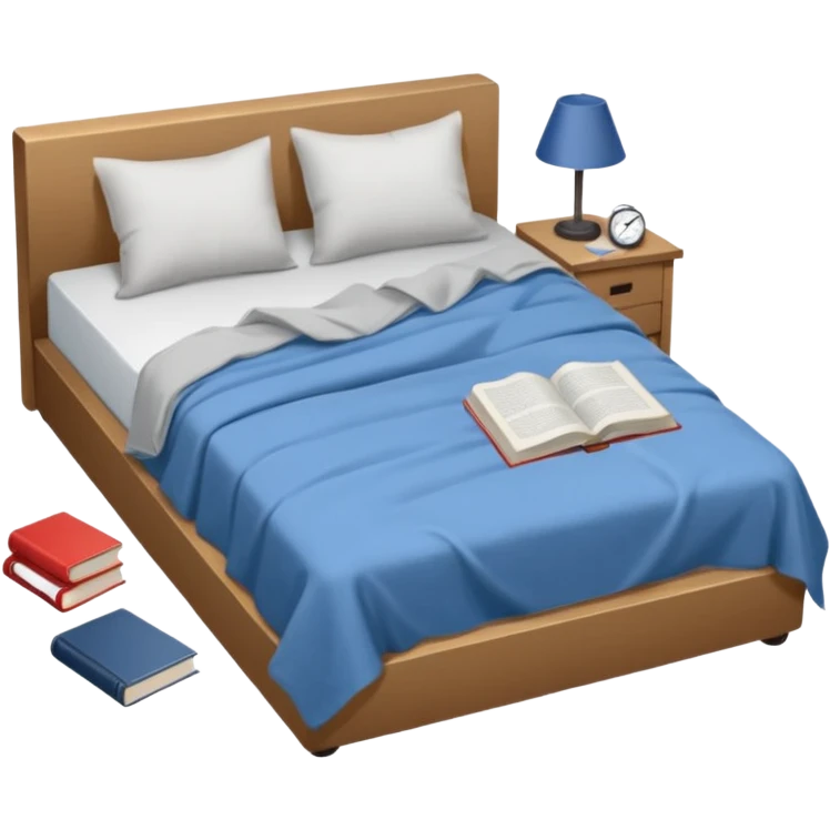 messy bed with a wrinkled blanket, the pillow out of place on the floor. Around the bed, scattered items include a t-shirt, pants, and an open book on the floor. emoji