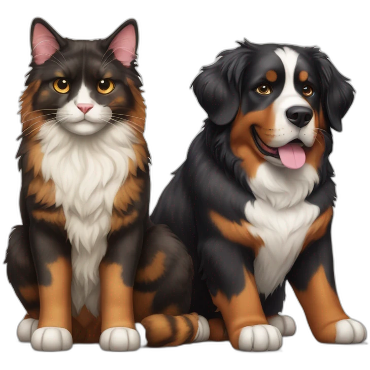 A Bernese dog next to A tortoiseshell cat without white emoji