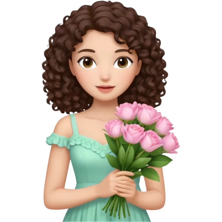 beautiful female memoji, dark brown curly hair, soft natural makeup, wearing pastel dress, holding a bouquet of fresh flowers, romantic and dreamy aura emoji