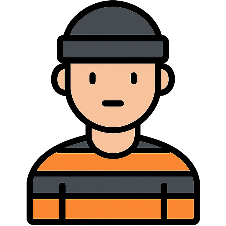 male prisoner wearing black and orange prison uniform, color outline icon style, simple background emoji