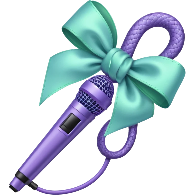 A pastel blue bow with a pastel a pastel green snake at the top of one side and a pastel purple microphone on the bottom of the other side of the bow emoji