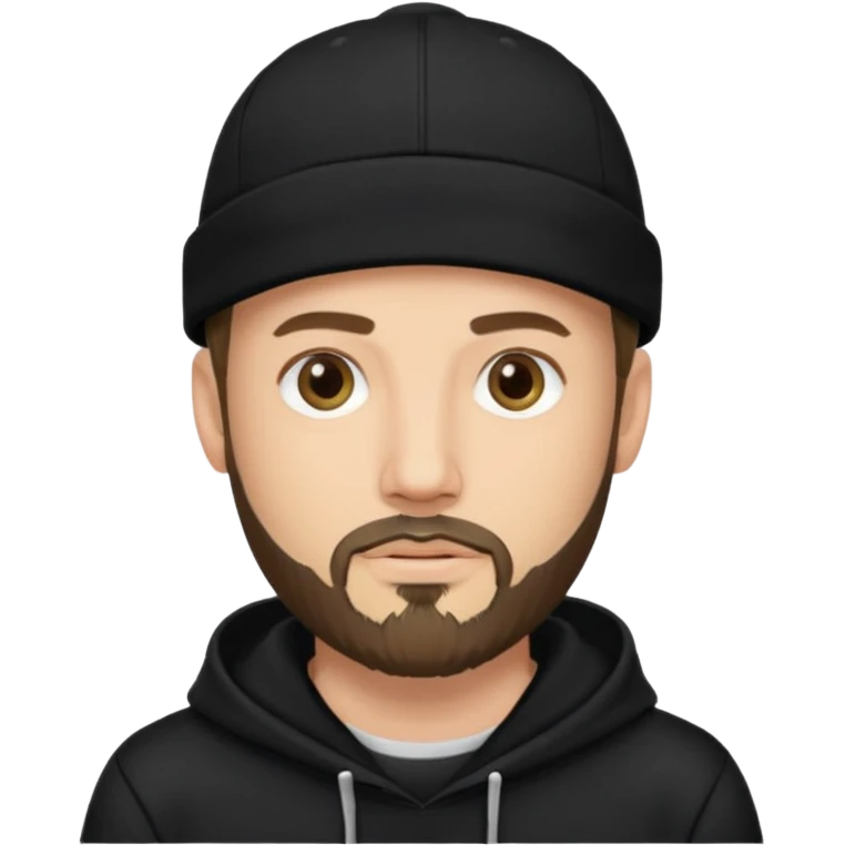 Hombre de ojos claros, con barba fina y perilla, gorra negra bordada, y sudadera negra emoji