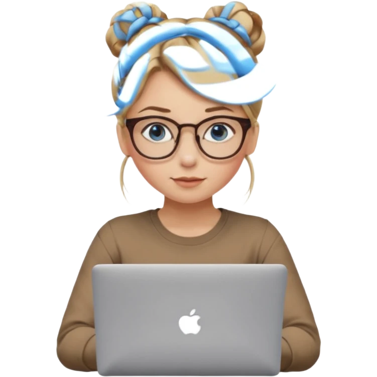 girl, dirty blonde hair, a bun, blue eyes, glasses, brown longsleeve, a laptop. upper body. emoji