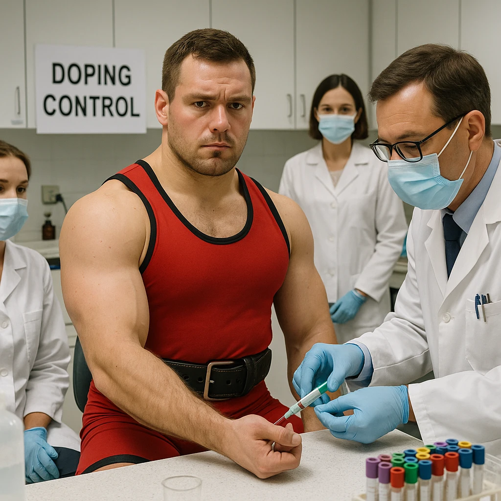 European powerlifter in competition clothing undergoing anti-doping controls, medical staff present, realistic atmosphere, laboratory details, background of test room or laboratory. emoji