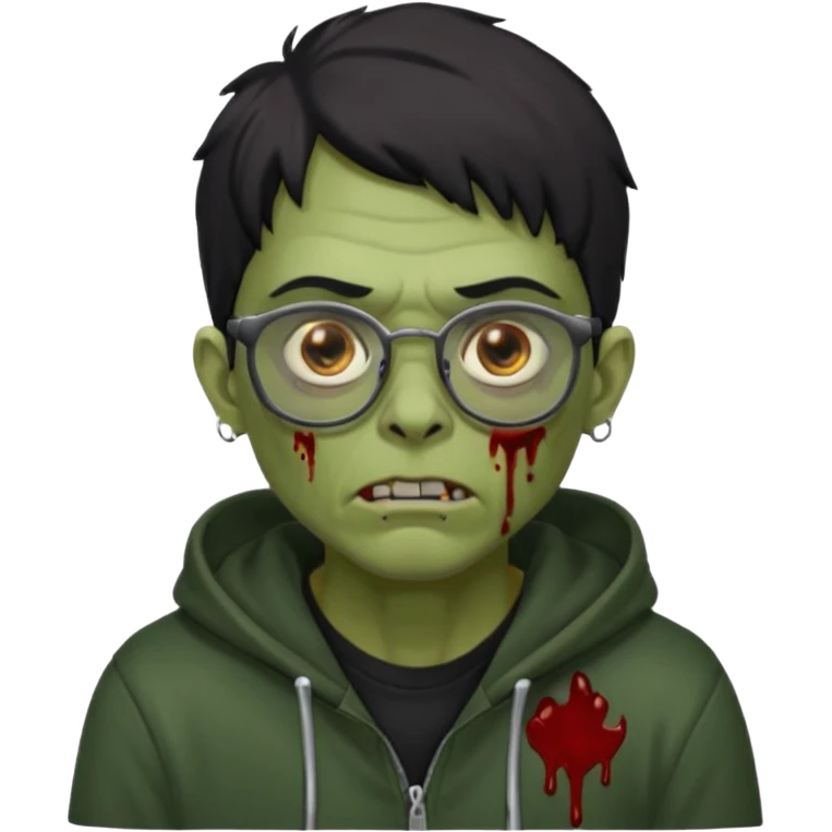 Chico moreno zombie, con gafas y sudadera negra, dos aretes en la oreja izquierda y dos en la derecha, ojeras en los ojos y emoji