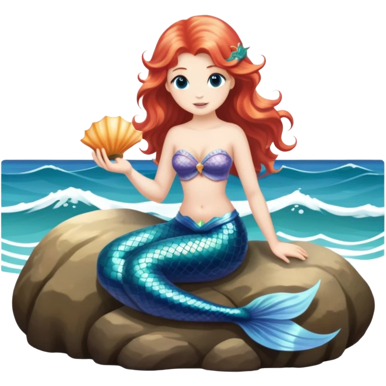 me as a mermaid with a junonia shell in my hand on a rock with ocean waves around  emoji