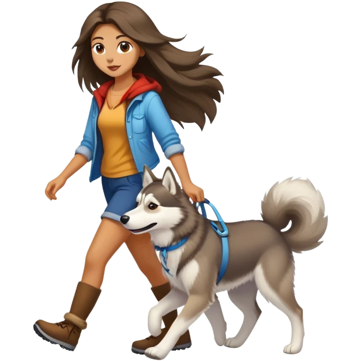 A long-haired girl walking a husky emoji