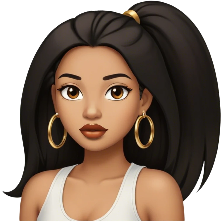 light brown skin tone, very beautiful woman, with big plump lips, long long lashes, black straight long hair, brown eyes, white tank top, gold hoop earrings emoji