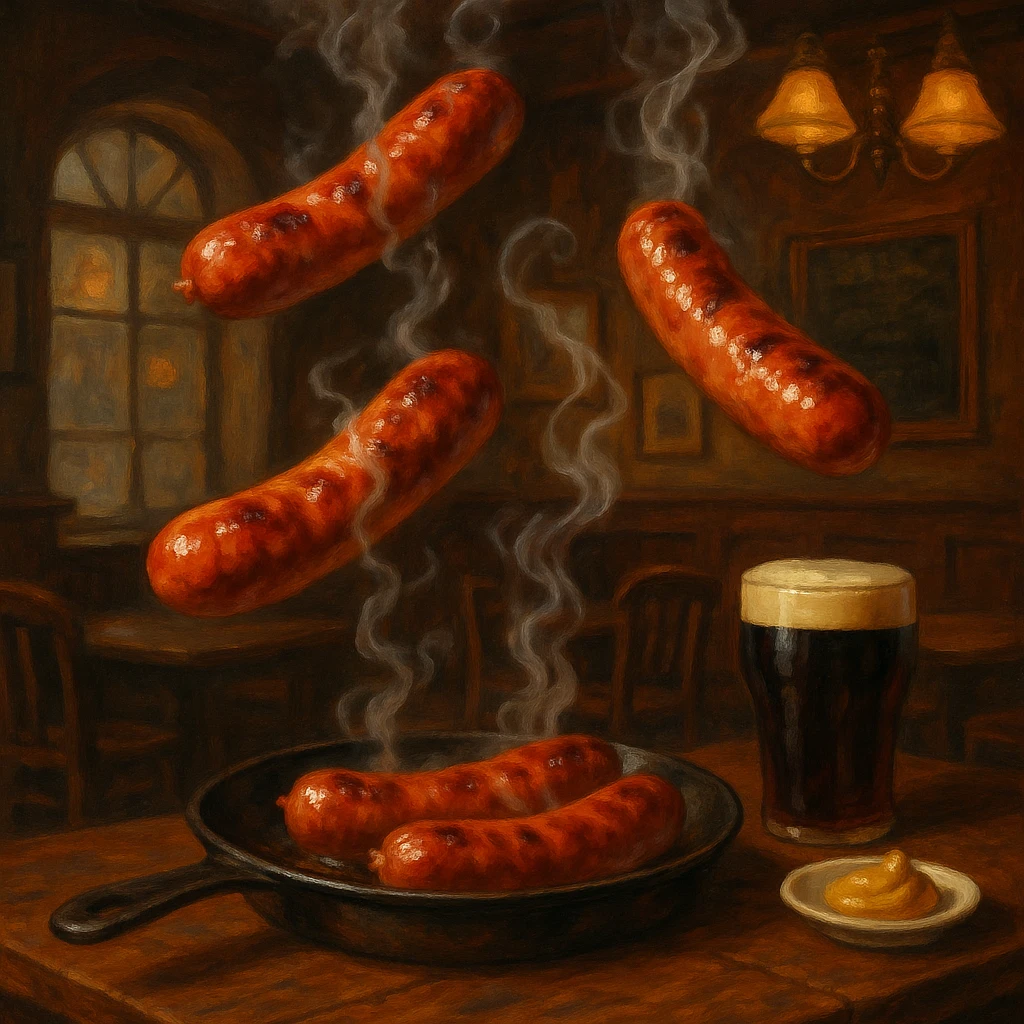 Sizzling sausages floating in the air, whimsical and slightly surreal, traditional English pub theme emoji