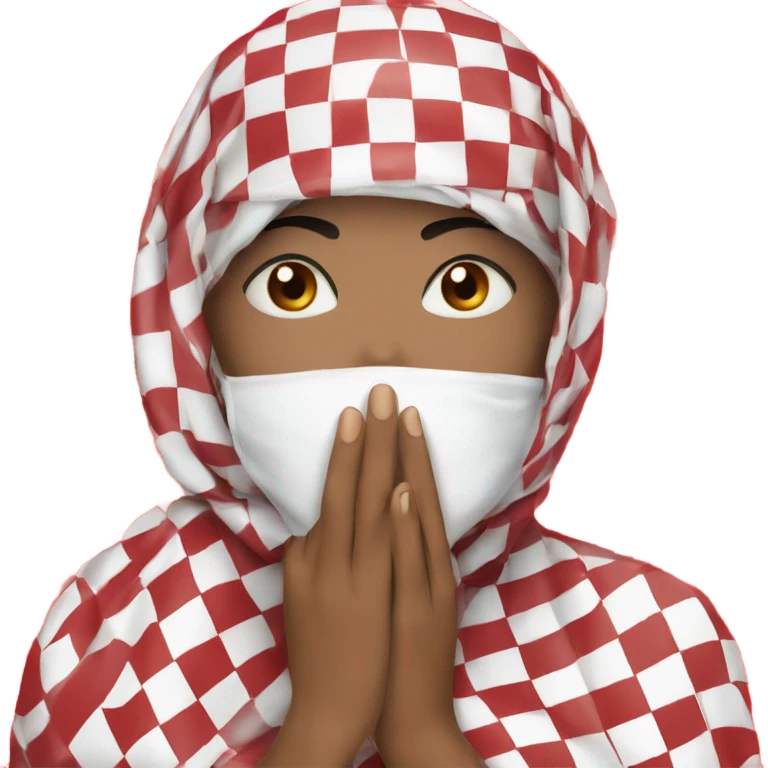 Woman wearing red and white checkered kuffiyeh hand covering mouth emoji