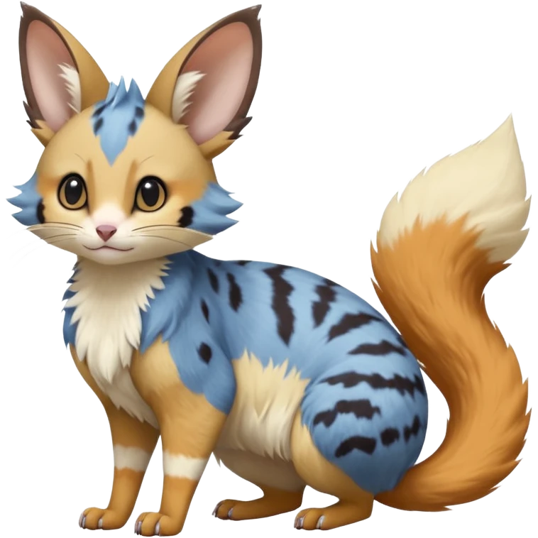 Blue, yellow, beige, brown, orange-pointed, soft realistic romantic vintage antique divine beautiful elegant pretty precious cute young youthful  Fakémon-Pokémon-opossum-feline-mouse-serval-caracal-chinchilla-Minccino-Cinccino-Meowstic-rodent-hybrid-creature with a big fluffy bushy tail (full body) emoji