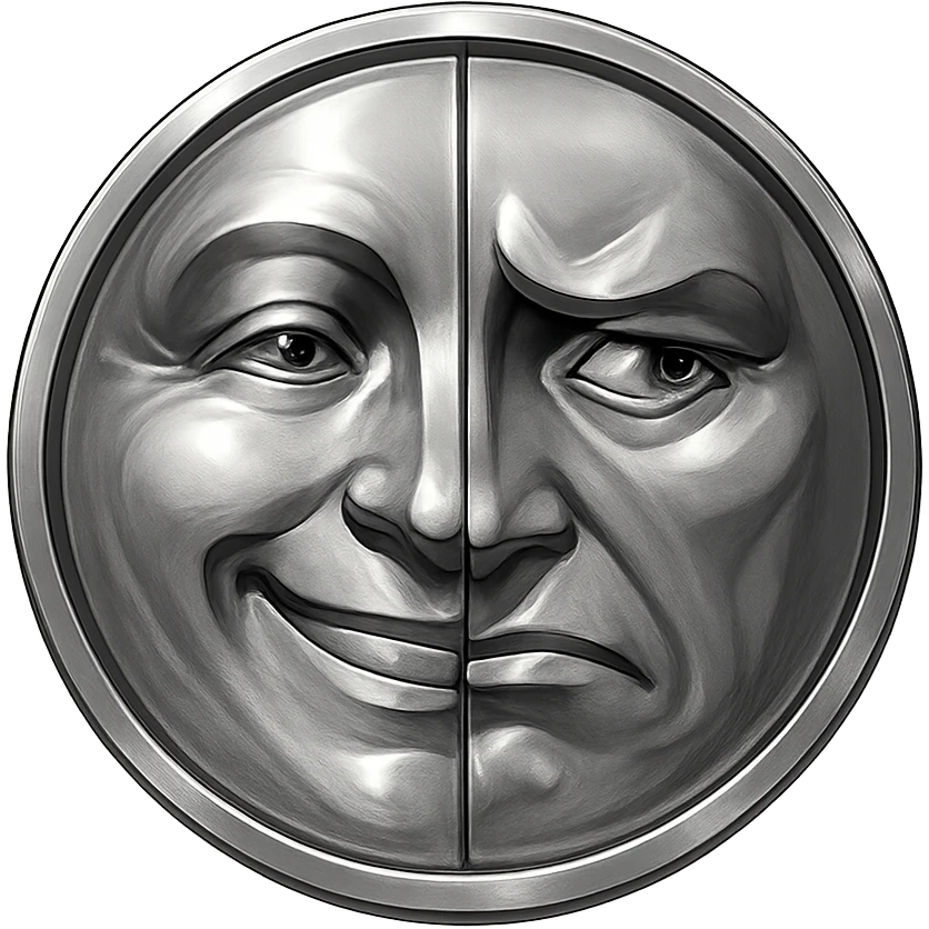 a two-faced coin, each side showing a different expression, shiny metallic style emoji