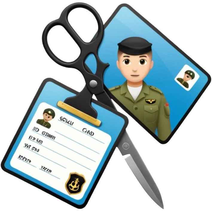 Floating black Scissors cutting in half an idf soldier ID card with a little chip in 2 parts emoji