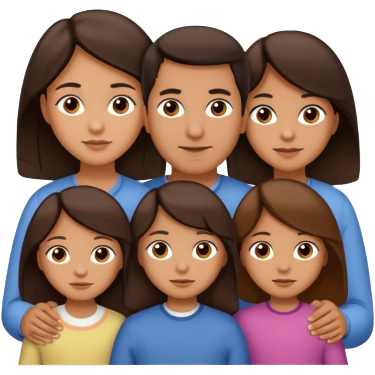 Family portrait with father with dark brown hair and black eyes, mother with light brown hair and brown eyes, three brown little girls with brown eyes emoji
